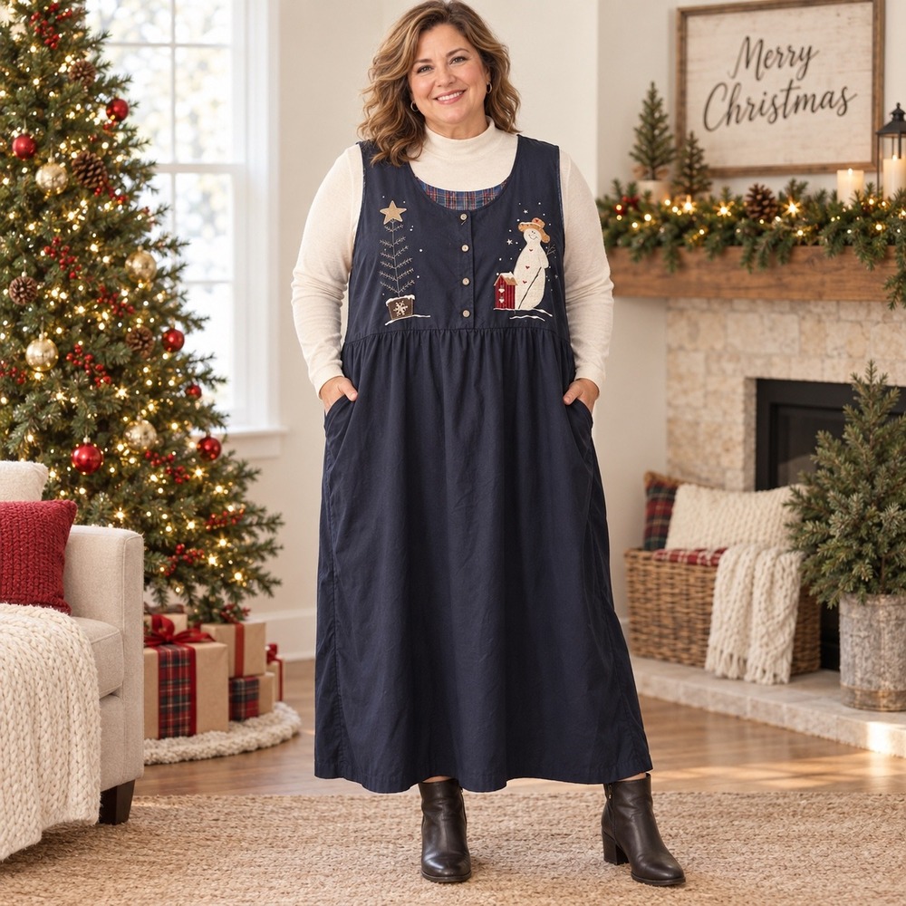 CJ Banks Navy Blue Christmas Snowman Reindeer Cotton Jumper Dress Plus Size 24W
